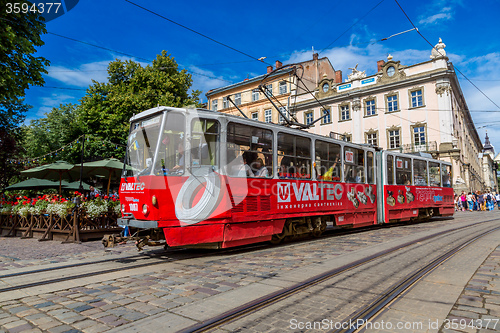 Image of Old  tram is in the historic center of Lviv.