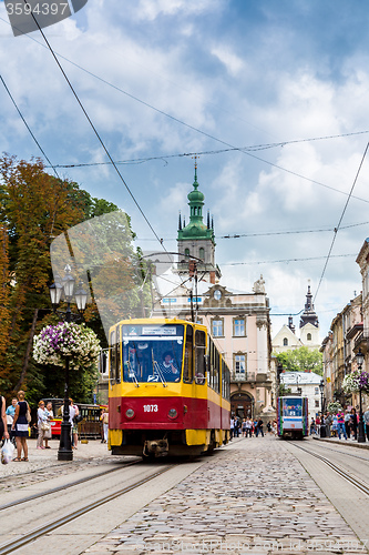 Image of Old  tram is in the historic center of Lviv.
