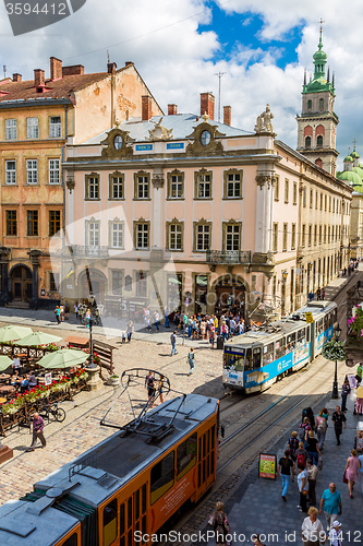 Image of Old  tram is in the historic center of Lviv.