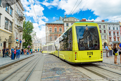 Image of Old  tram is in the historic center of Lviv.