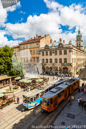 Image of Old  tram is in the historic center of Lviv.