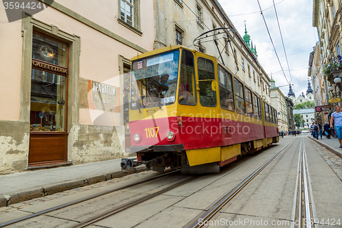 Image of Old  tram is in the historic center of Lviv.