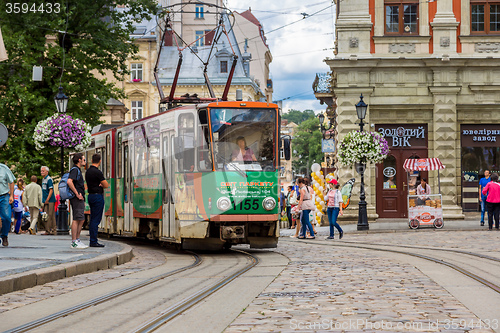 Image of Old  tram is in the historic center of Lviv.