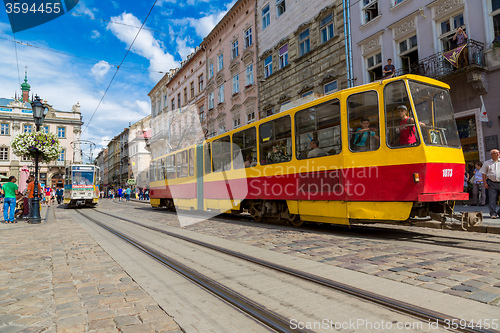 Image of Old  tram is in the historic center of Lviv.