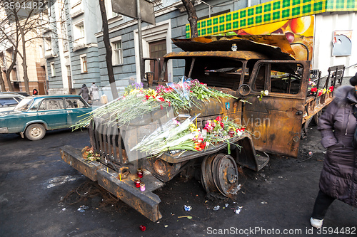 Image of Ukrainian revolution, Euromaidan after an attack by government f