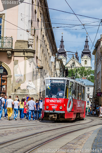 Image of Old  tram is in the historic center of Lviv.