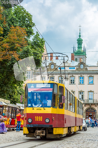 Image of Old  tram is in the historic center of Lviv.