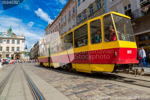 Image of Old  tram is in the historic center of Lviv.