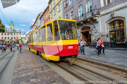 Image of Old  tram is in the historic center of Lviv.