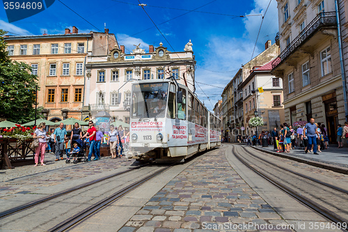 Image of Old  tram is in the historic center of Lviv.