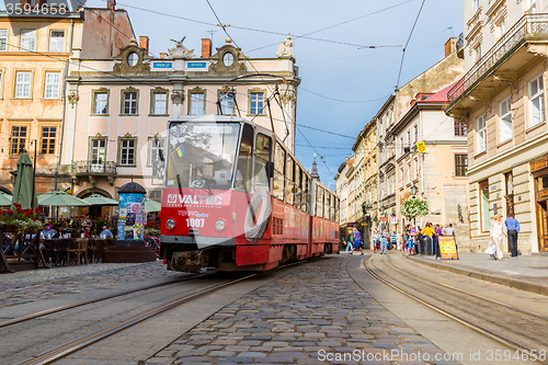 Image of Old  tram is in the historic center of Lviv.