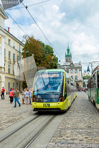 Image of Old  tram is in the historic center of Lviv.