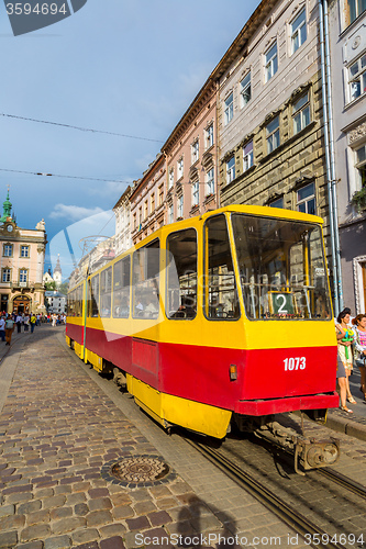 Image of Old  tram is in the historic center of Lviv.