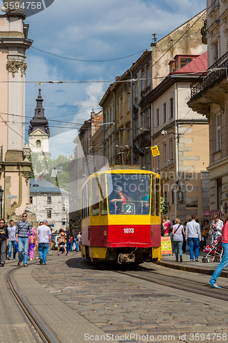 Image of Old  tram is in the historic center of Lviv.