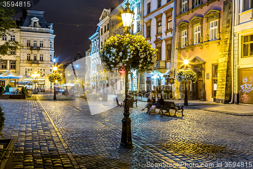 Image of Rynok Square in Lviv at night