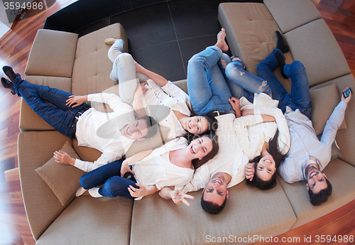 Image of friends group get relaxed at home