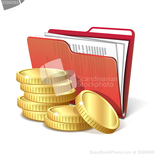 Image of Stack of gold coins next to folder with documents