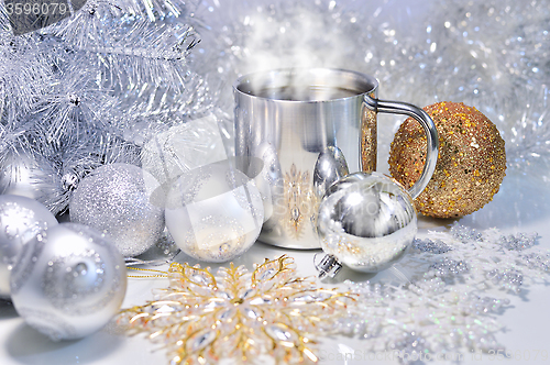 Image of Christmas decorations with a mug of hot coffee