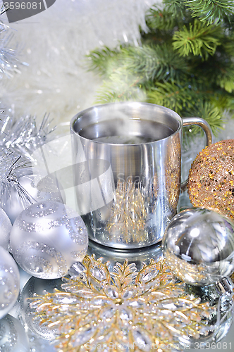 Image of Christmas decorations with a mug of hot coffee