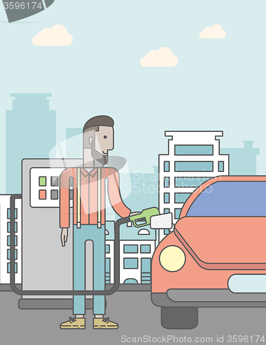 Image of Man filling up fuel into car.