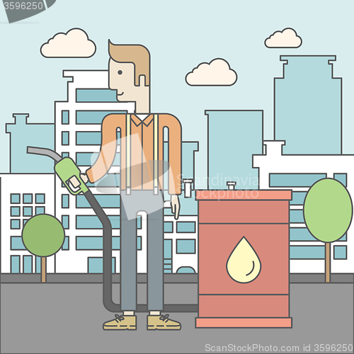 Image of Man with oil can and filling nozzle.