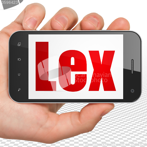 Image of Law concept: Hand Holding Smartphone with Lex on display