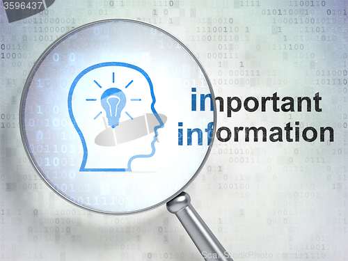 Image of Information concept: Head With Lightbulb and Important Information with optical glass