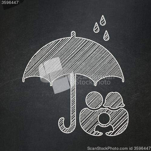 Image of Security concept: Family And Umbrella on chalkboard background