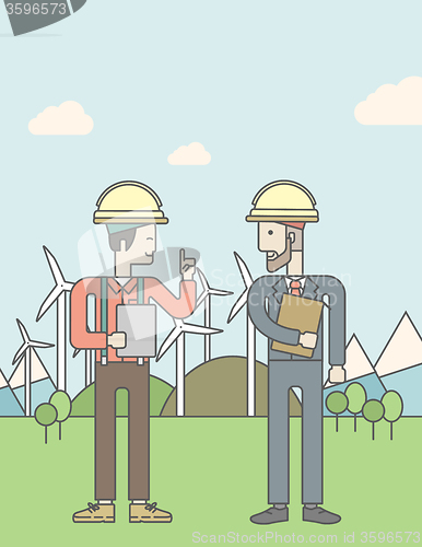 Image of Two man with wind turbines.