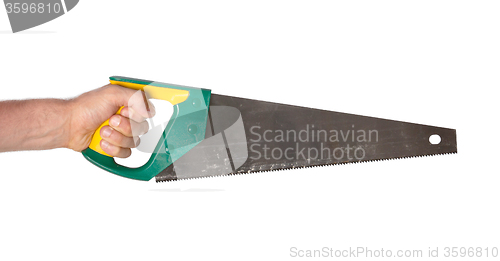 Image of Hand with saw, isolated on white