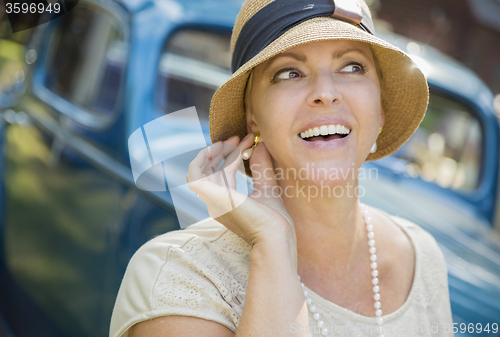 Image of 1920s Dressed Girl Near Vintage Car Outdoors Portrait