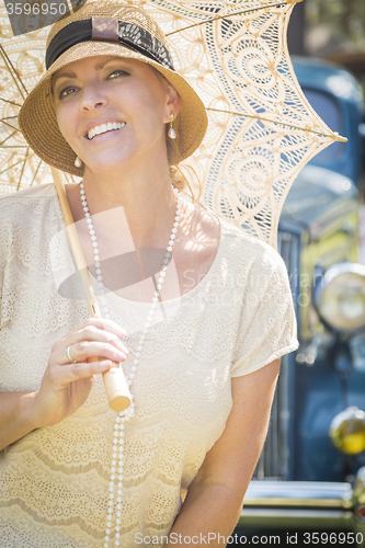 Image of 1920s Dressed Girl with Parasol Near Vintage Car Portrait