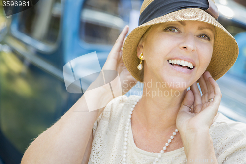 Image of 1920s Dressed Girl Near Vintage Car Outdoors Portrait