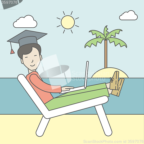 Image of Man in graduation cap on seashore. 