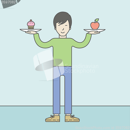 Image of Man with apple and cake.