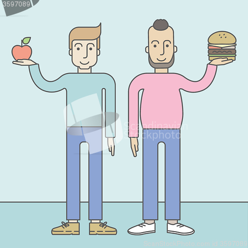 Image of Men standing with hamburger and apple.