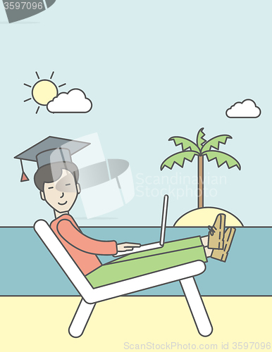 Image of Man in graduation cap on seashore. 