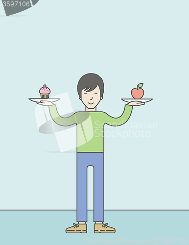 Image of Man with apple and cake.