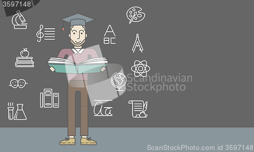 Image of Man with graduation cap and book.