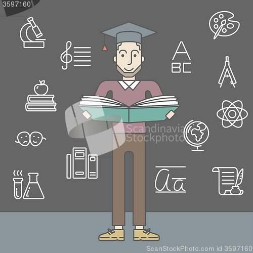 Image of Man with graduation cap and book.