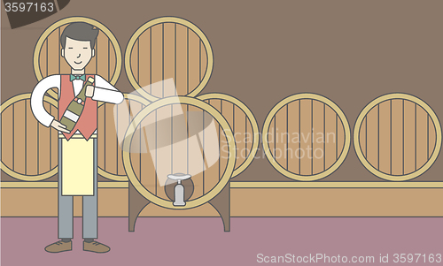 Image of Waiter in wine cellar.