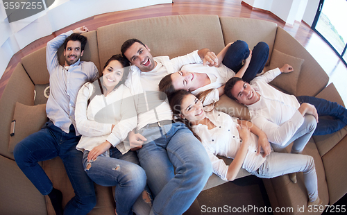 Image of friends group get relaxed at home