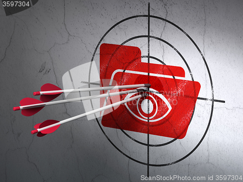 Image of Finance concept: arrows in Folder With Eye target on wall background