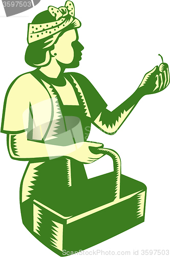 Image of Female Fruit Picker Worker Basket Woodcut