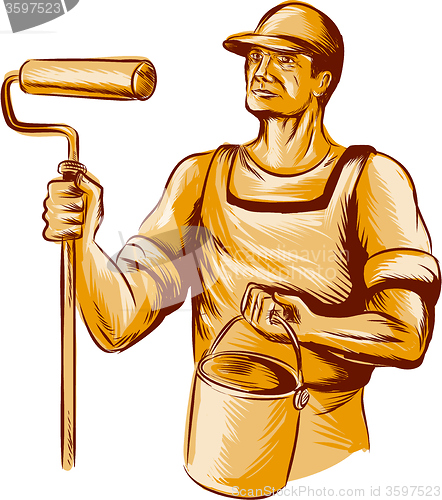 Image of House Painter Holding Paint Roller Etching
