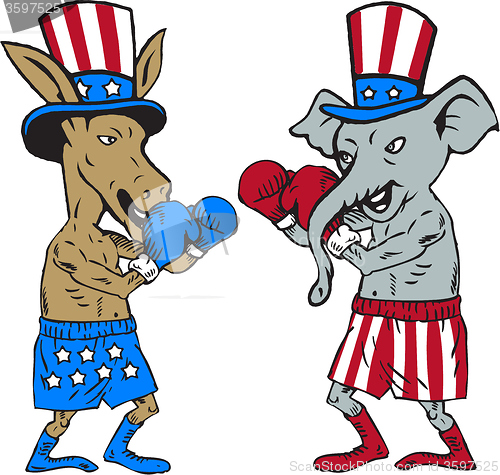 Image of Democrat Donkey Boxer and Republican Elephant Mascot Cartoon