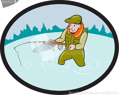 Image of Fly Fisherman Casting Fly Rod Oval Cartoon