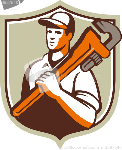 Image of Plumber Holding Monkey Wrench Crest Retro