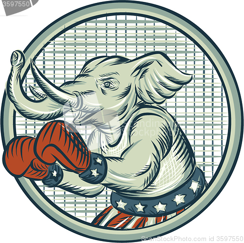 Image of Republican Elephant Boxer Mascot Circle Etching