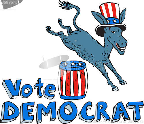 Image of Vote Democrat Donkey Mascot Jumping Over Barrel Cartoon